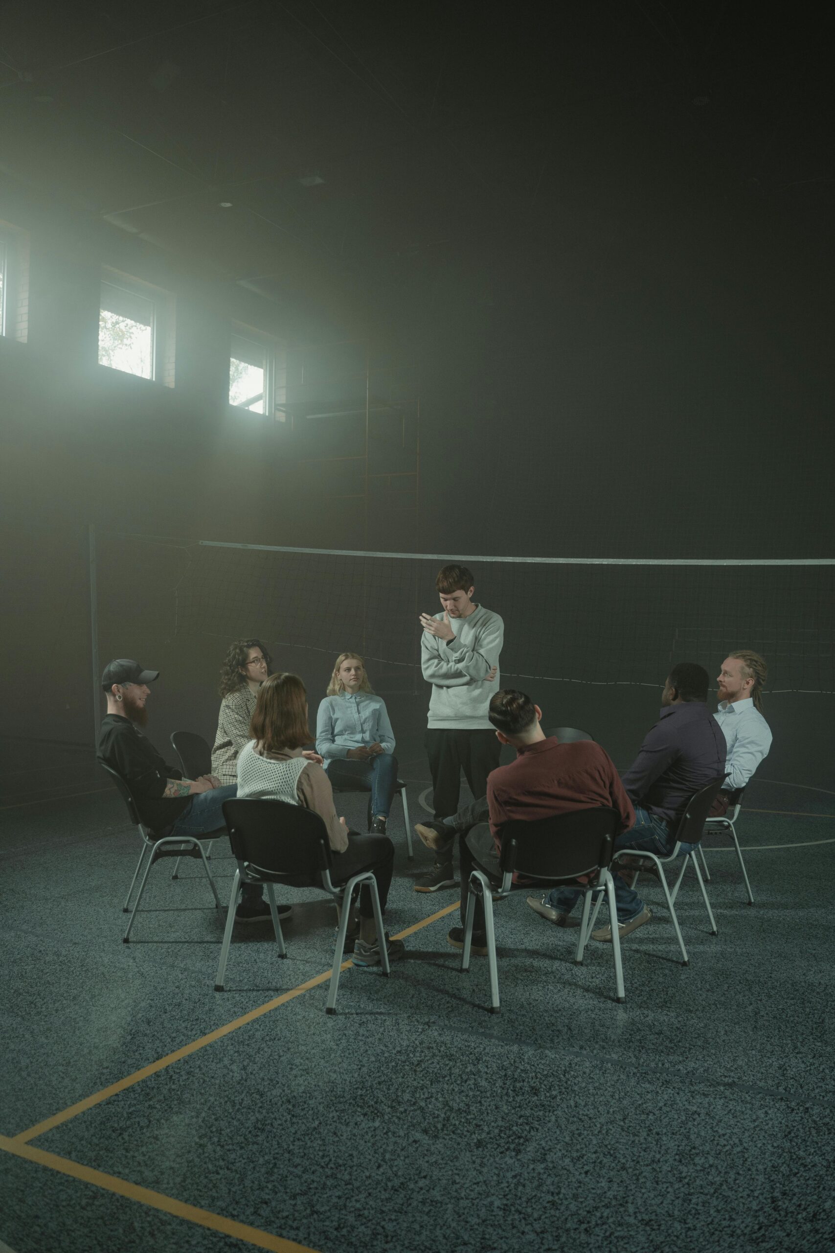 A group therapy session for addiction recovery.