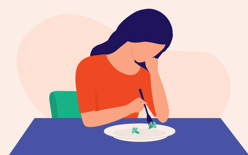 A cartoon of a woman eating food and struggling with an eating disorder.