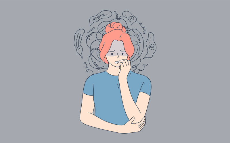 A cartoon image of a women having a panic attack. She has a cloudy static around her head.