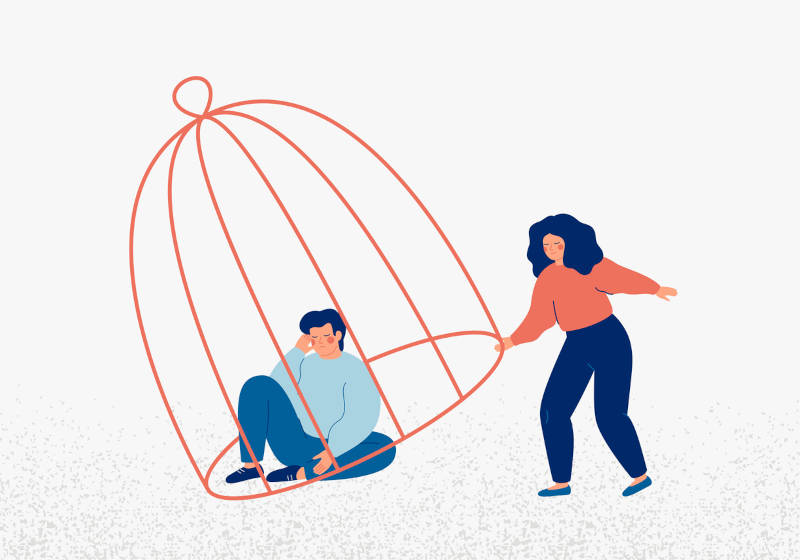 A cartoon of a woman helping her inner self deal with a relapse or a slip.